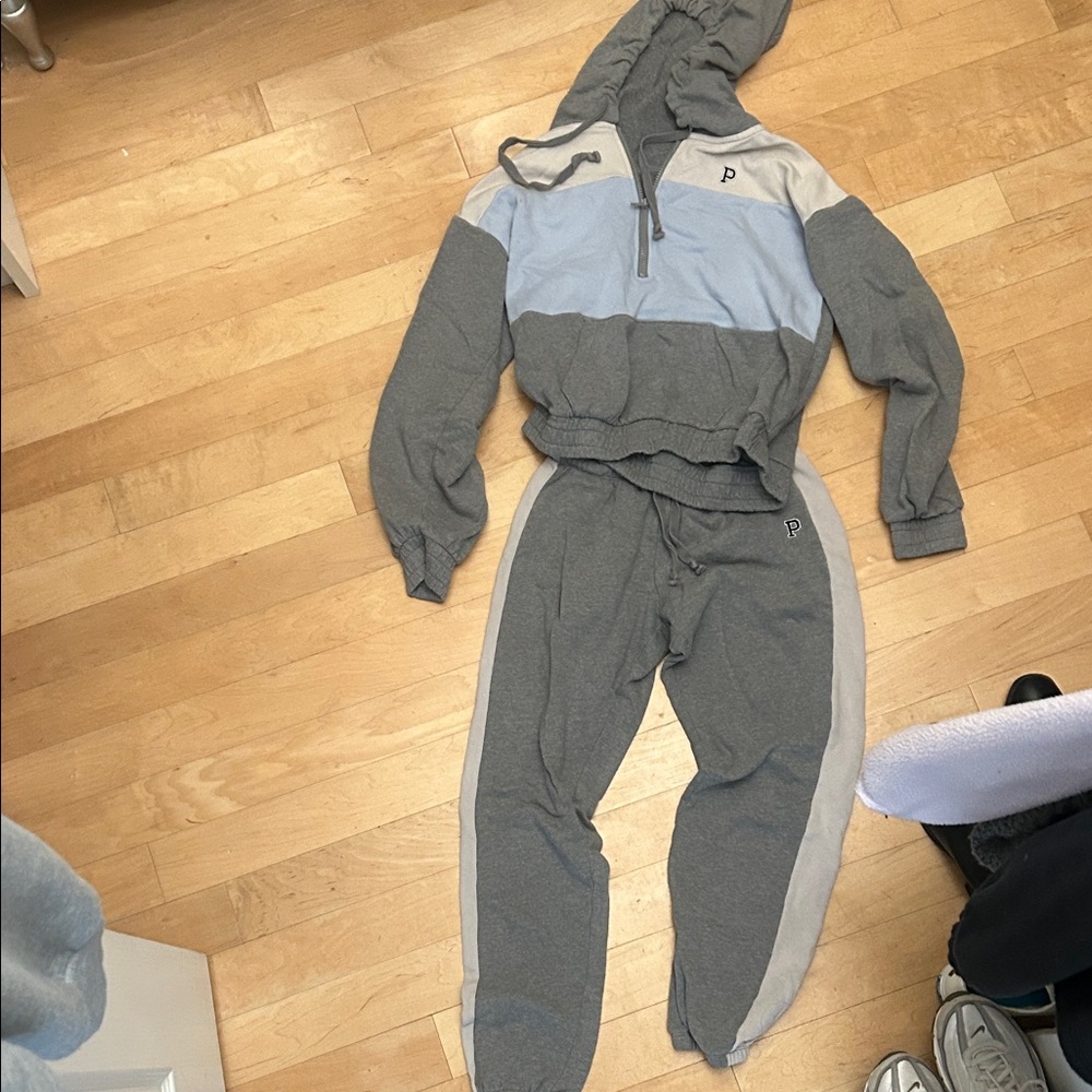PINK Victoria's Secret Gray and Light Blue Jacket & Pants Set